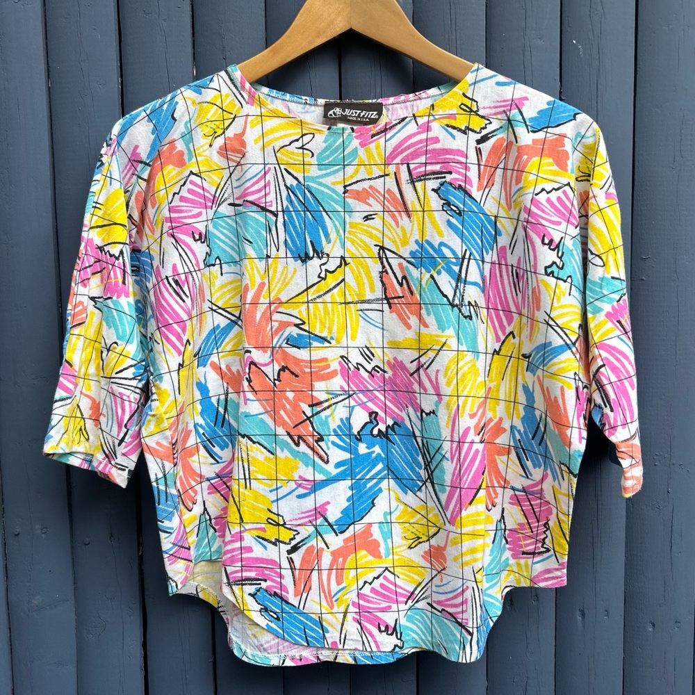 Vintage 80s Colorful Abstract Graffiti Cartoon Sketch Color Pop Print Raglan Top